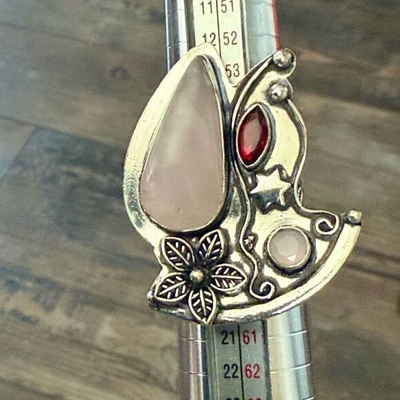 Boho Bloom Ring – Rose Quartz & Garnet Floral Statement Size 8 New - Picture 3 of 7